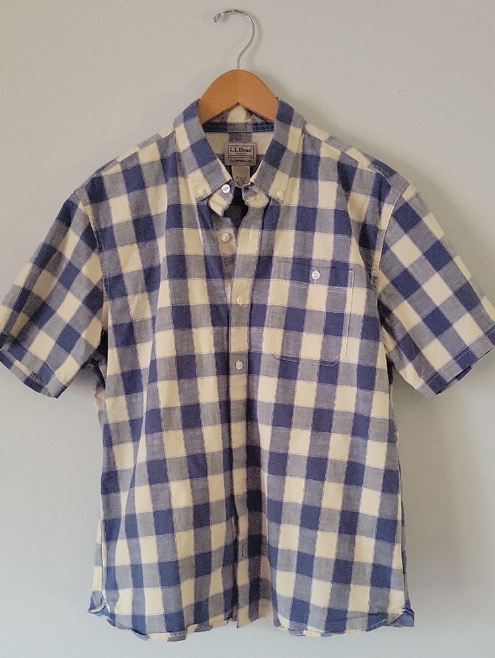 L.L. Bean Blue and Cream Short-Sleeve Button-Down Plaid Shirt